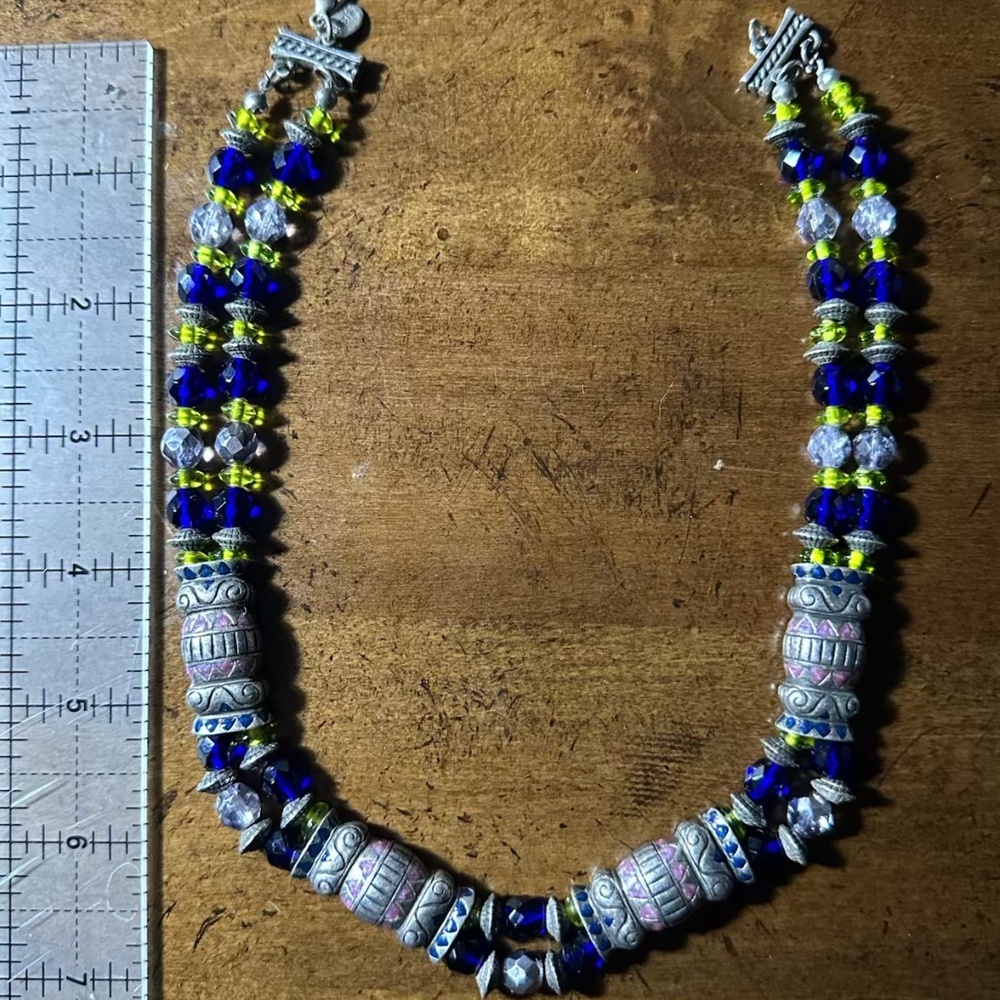 Chico's Double-Strand Beaded Choker – Silver, Blue & Lime Green